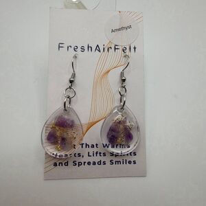 Amethyst mineral sparkle Unique hand crafted Resin Stainless drop steel earrings